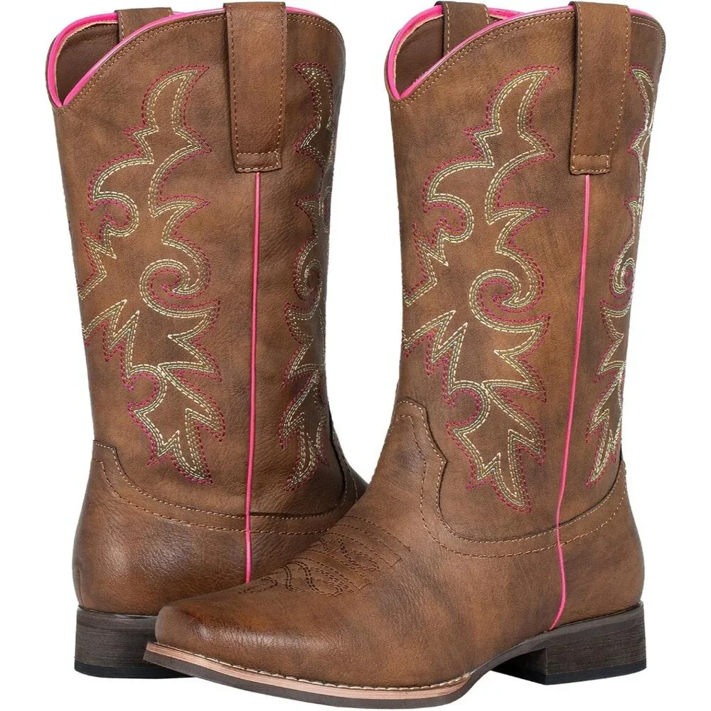 SheSole Womens Brown Cowboy Square Toe Cowgirl Wide Calf Western Boots - Picture 7 of 9